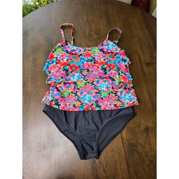 Island Pearls Island World Plus Size Women's Swimsuit Solid Floral Design Three - Picture 3 of 12